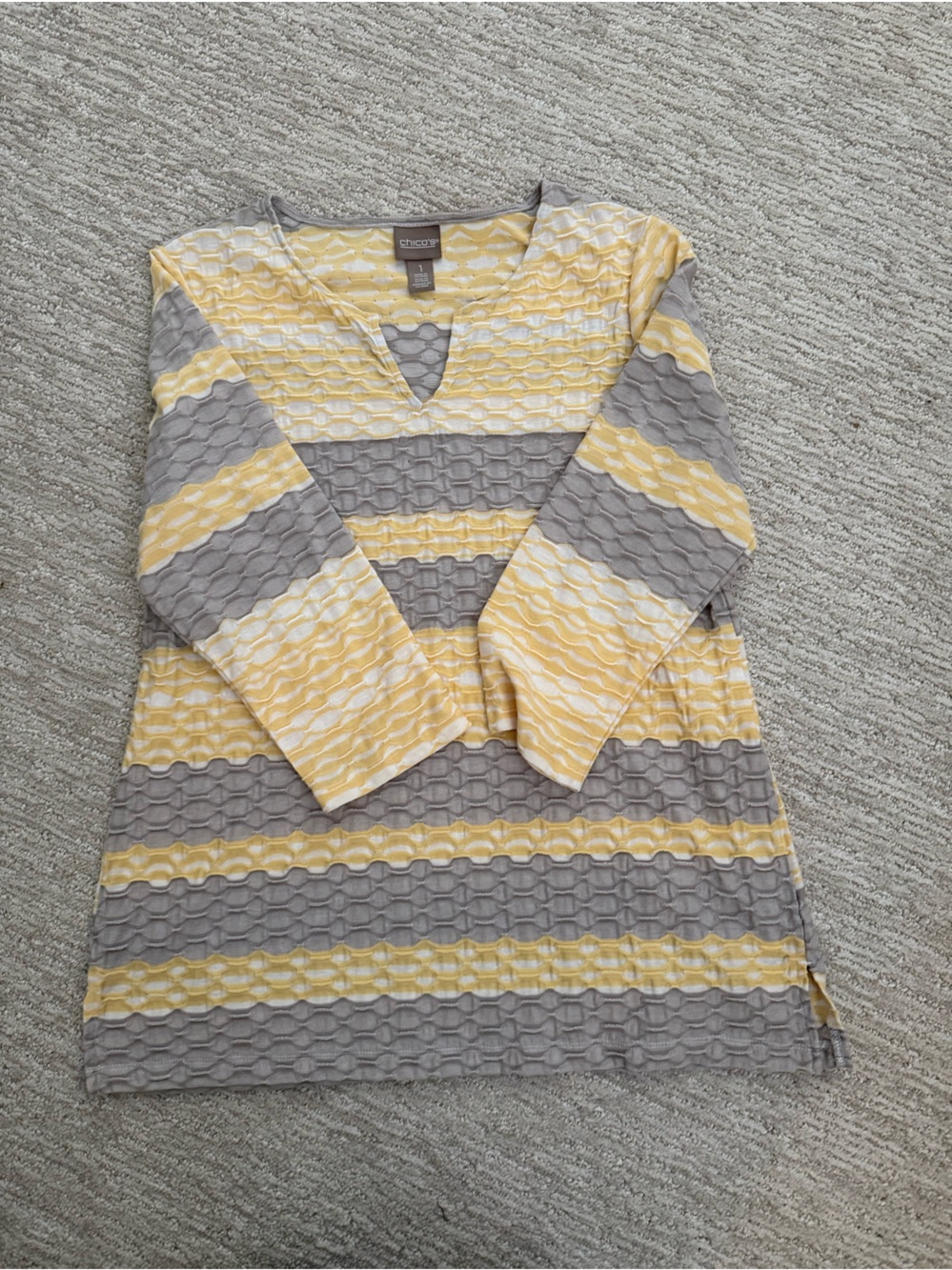 Chico's Yellow and Gray Striped women top size medium tunic style
